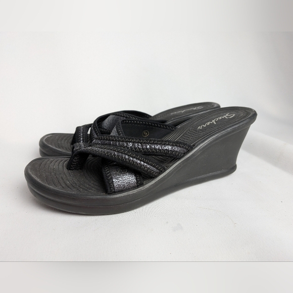 SKECHERS Sandals Wedge Women Size 5 Flip Flop Black And Silver - Picture 3 of 9